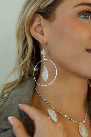 Higher Power Moonstone & Angel Aura Quartz Silver Hoops