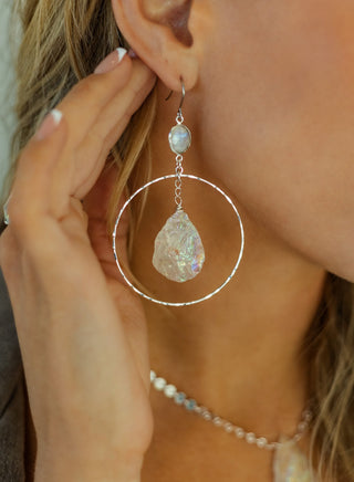 Higher Power Moonstone & Angel Aura Quartz Silver Hoops