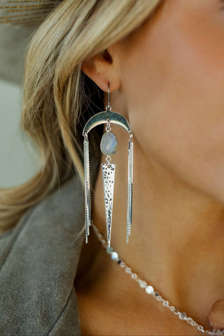 Forward is the Way Moonstone Silver Fringe Dagger Earrings