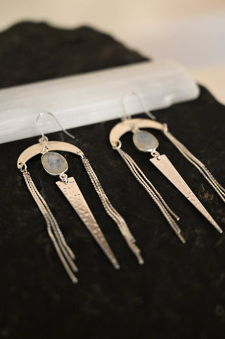 Forward is the Way Moonstone Silver Fringe Dagger Earrings