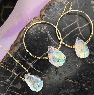 angel aura quartz crystal gold earring necklace set 