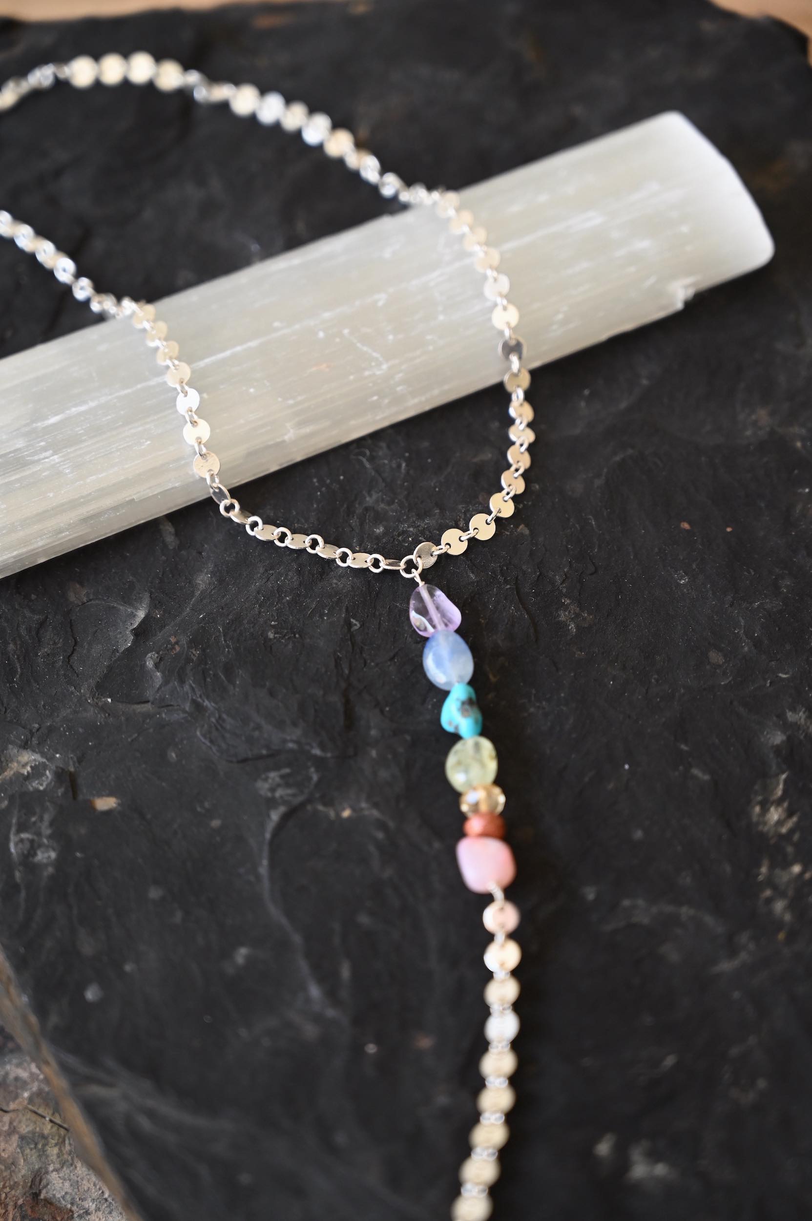 PREORDER - Dainty seven chakra stone lariat necklace - silver and